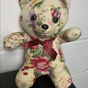 Vintage Teddy Bear (1989) Tapestry Flowers Milaca Mills, Inc. 9.5” Plush Red Bow